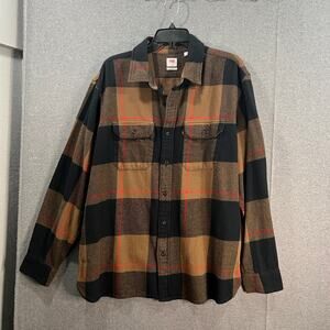 Levis Shirt Mens Button Up Relaxed Fit Flannel Brown Black Plaid Size L
